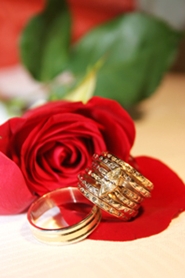 wedding rings on red rose